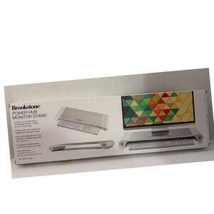 NEW Brookstone Power Hub Monitor Stand Aluminum Riser 4 USB Ports Silver